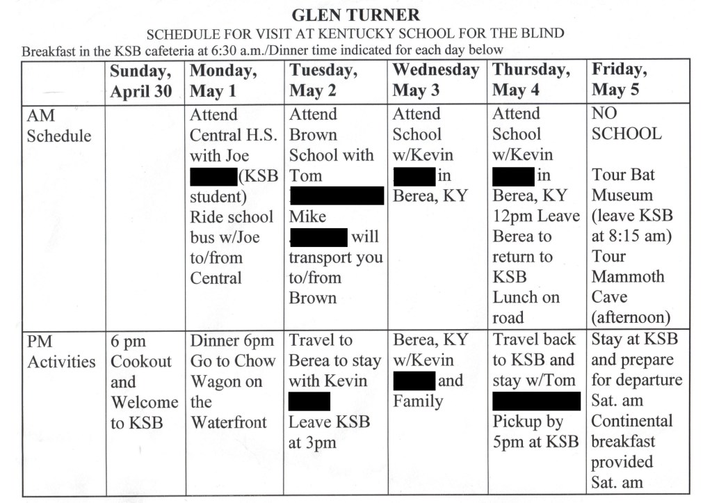 My personalised itinerary for my week at Kentucky School For The Blind. Includes time spent going to school with individual students and staying with their families, plus visits to the Baseball Bat Museum and Mammoth Caves, and at meal at Chow Wagon on the waterfront.