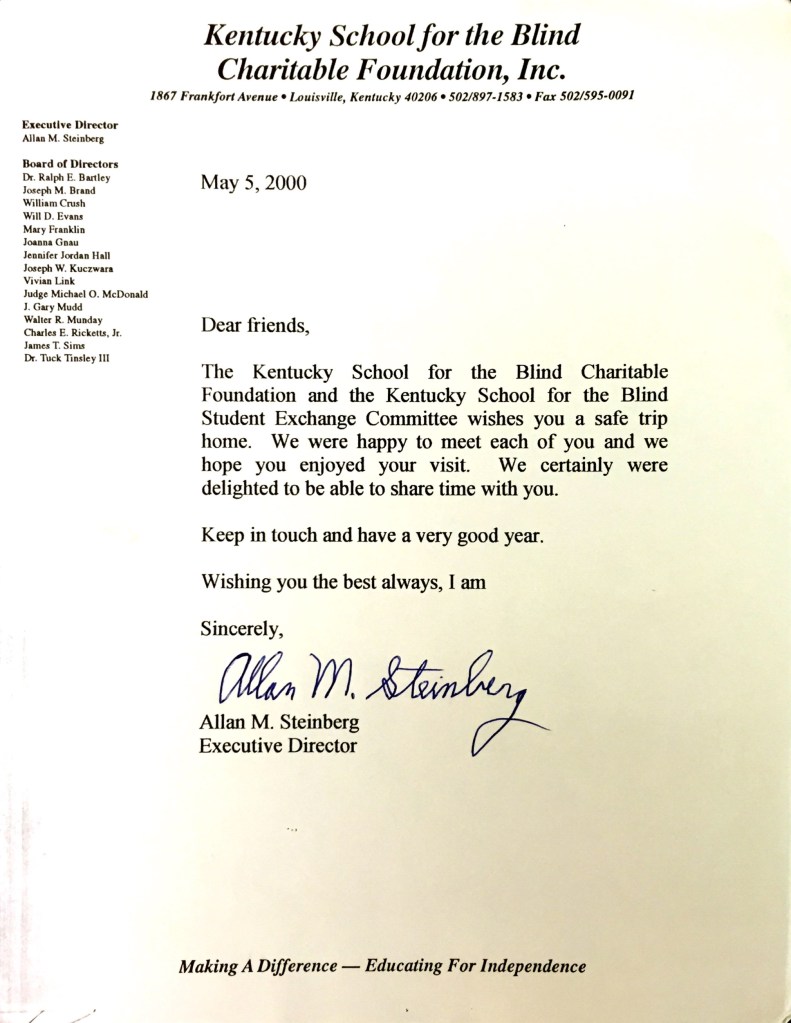 Letter from the Executive Director at the Kentucky School For The Blind, expressing their pleasure at our visit and wishing us a safe trip home.