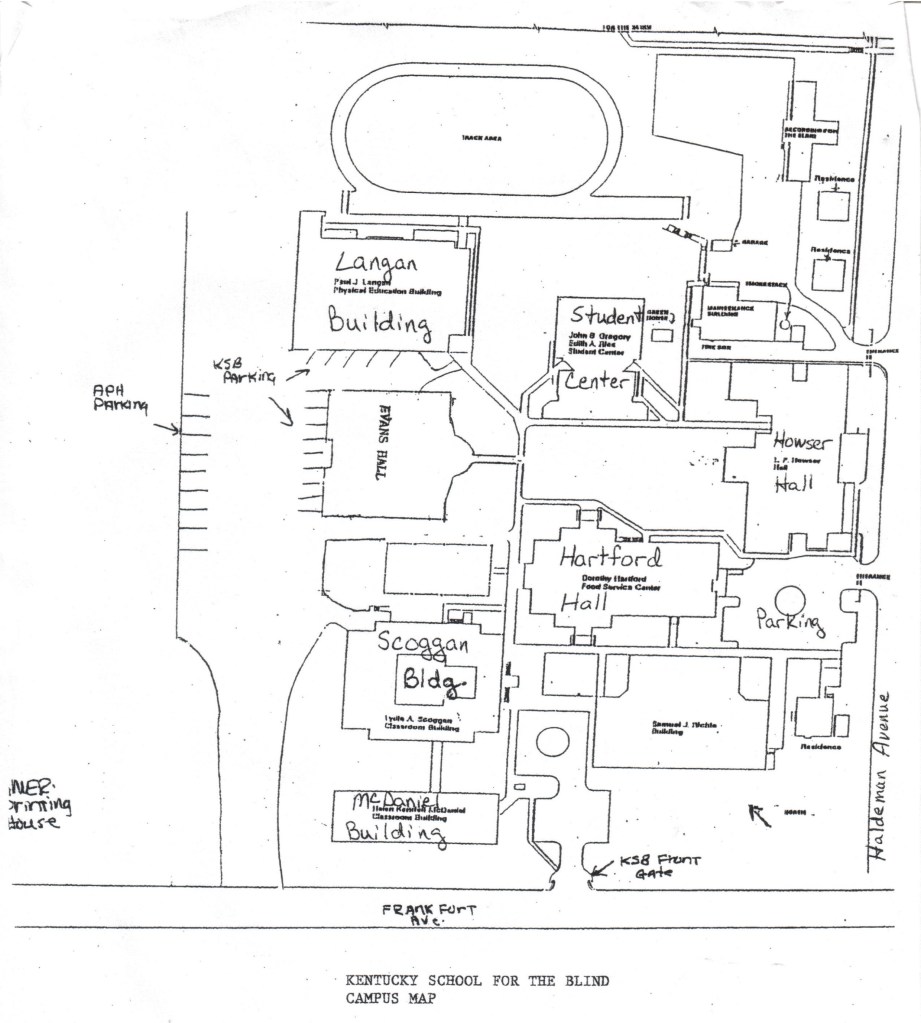 Hand-drawn map of the Kentucky School For The Blind campus.