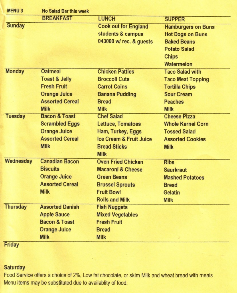 Breakfast, lunch and supper menu for our week at Kentucky School For The Blind.