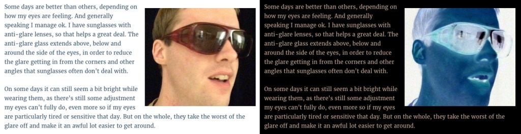 Image shows 2 copies of an extract from this blog post side by side. The left version is in standard positive view (black on white), while the right version is in negative view (white on black)