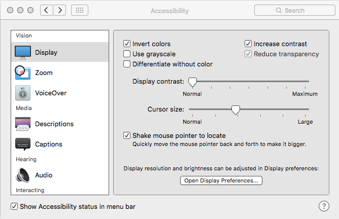 Image shows the window for Accessibility Display preferences on my Mac computer