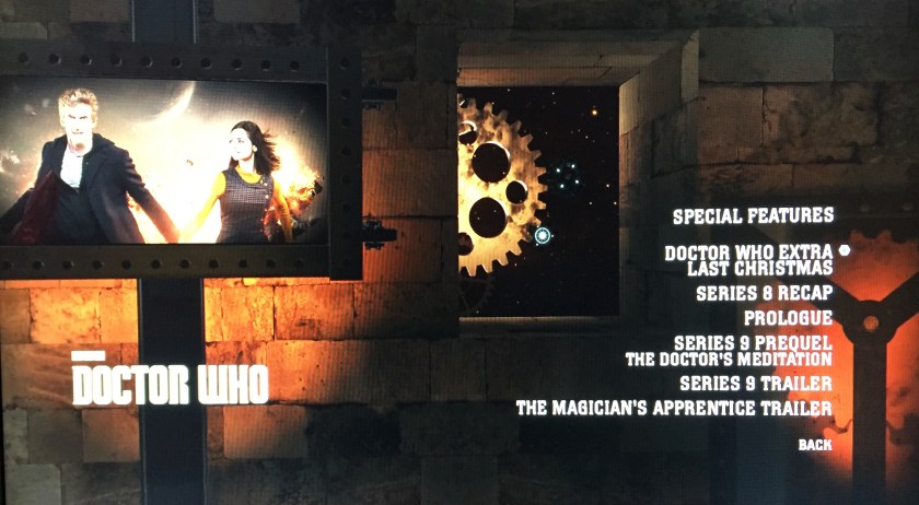 Doctor Who Series 9 Disc 1 Features Menu - Last Christmas Documentary, Series 8 Recap, Series 9 Prologue, Series 9 Prequel - The Doctor's Meditation, Series 9 Trailer, The Magician's Apprentice Trailer