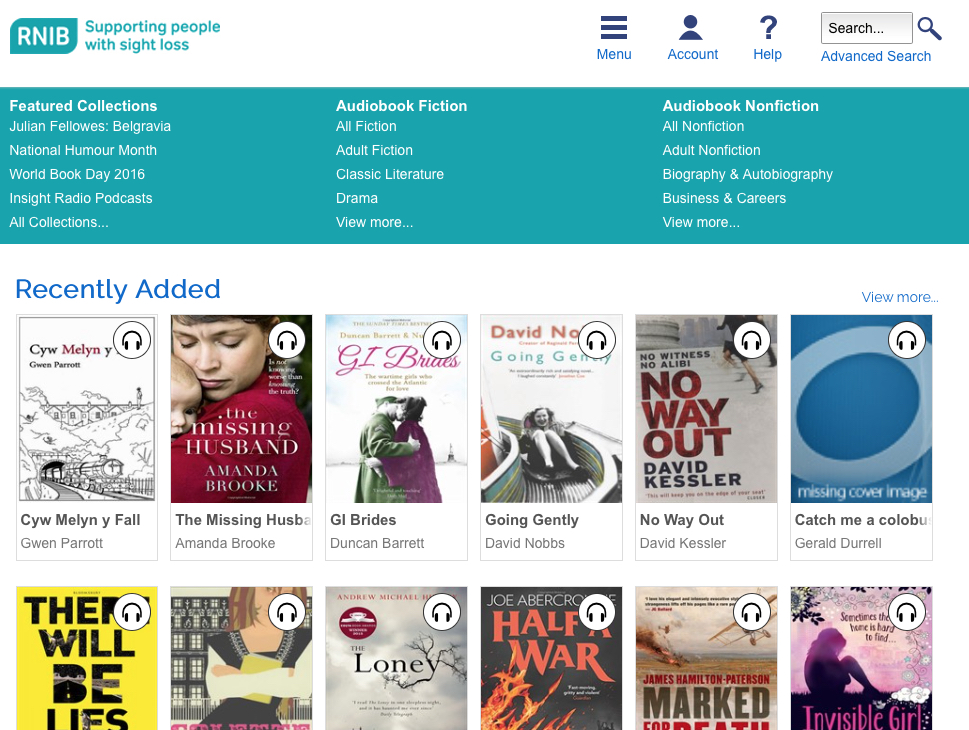 RNIB Overdrive Site home page. Top row has account, help and search options. Next row has book categories. Following rows show new titles recently added to the library.