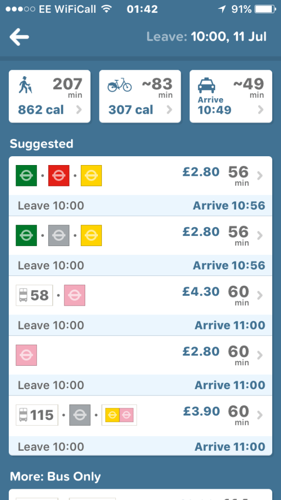 Citymapper app screenshot with route suggestions. Shows time and calories for walking and cycling, time for a taxi, and best routes on the tube and buses, which you click on for more detail.