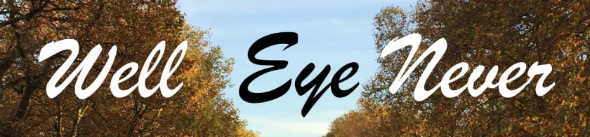 A line of trees on each side forms a corridor leading into the distance. The text Well Eye Never appears in the middle. The word Eye is black on the blue sky background. The words Well and Never are white over the autumnal trees behind them.