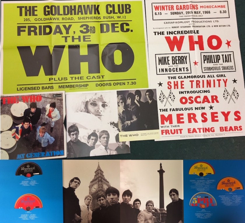My Generation Super Deluxe Box Set by The Who. Has 2 large posters for concerts at Goldhawk Road, Shepherd's Bush and Winter Gardens, Morecambe. The latter also has Mike Berry, Philip Tait, She Trinity and The Merseys on the bill. The CDs are in slots in the inside covers of the book, next to photos of the band by Big Ben and Nelson's Column.