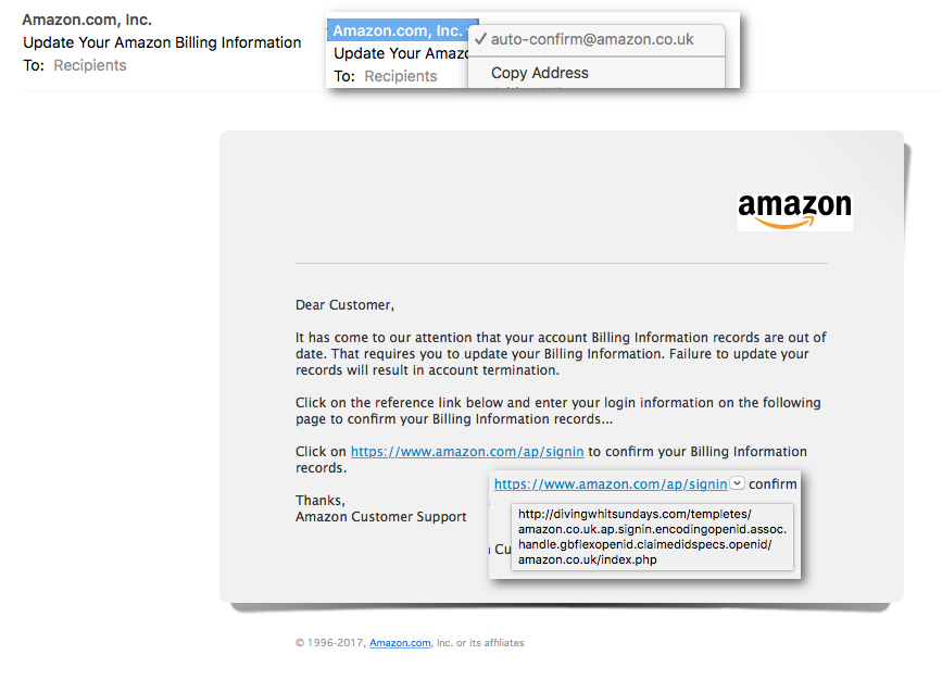 Scam email pretending to be from Amazon.