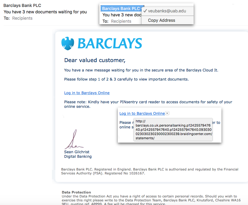 Scam email pretending to be from Barclays.