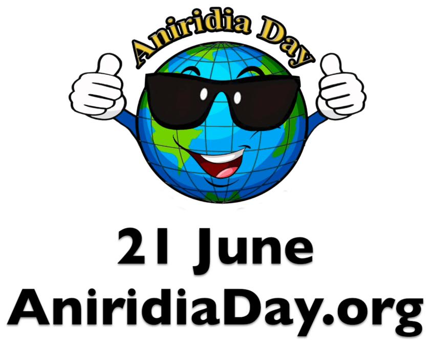 The Aniridia Day logo is a cartoon style image of the Earth, wearing sunglasses, smiling and giving a double thumbs up. Curving over the top, in yellow text with black outline, are the words “Aniridia Day”. Below the Earth in bold black text is 21 June, and below that the address for aniridiaday.org.