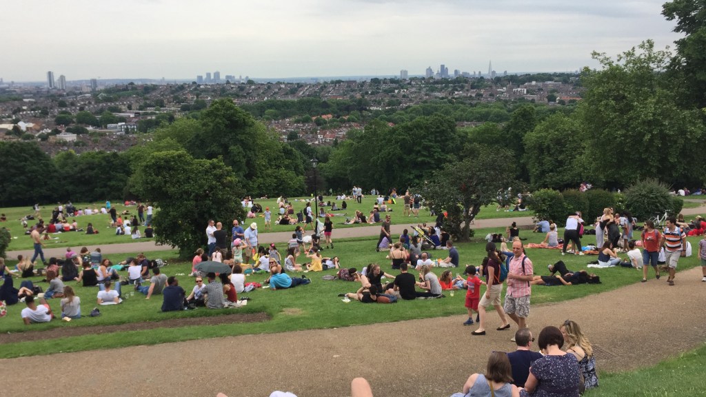 Lots of people sitting on the grass in Alexandra Park, surrounded by trees, with the London skyline filling the horizon.