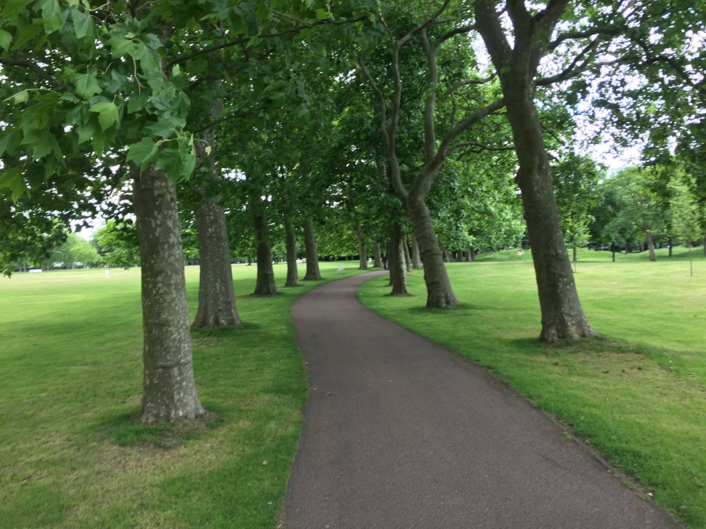 A curving tree-lined path, with grass on each side, in West Ham Park.