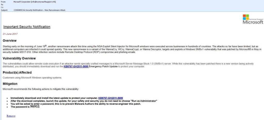 Screenshot of Microsoft scam email, pretending to be a security notification to get people to install a malicious program.