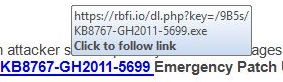 Link address in Microsoft scam email, pointing to an EXE program file on a site called rfbi.io.