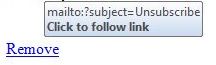 Link with the text Remove in a Microsoft Scam message. The tooltip shows it will create an email with subject line Unsubscribe, but no address to send it to.