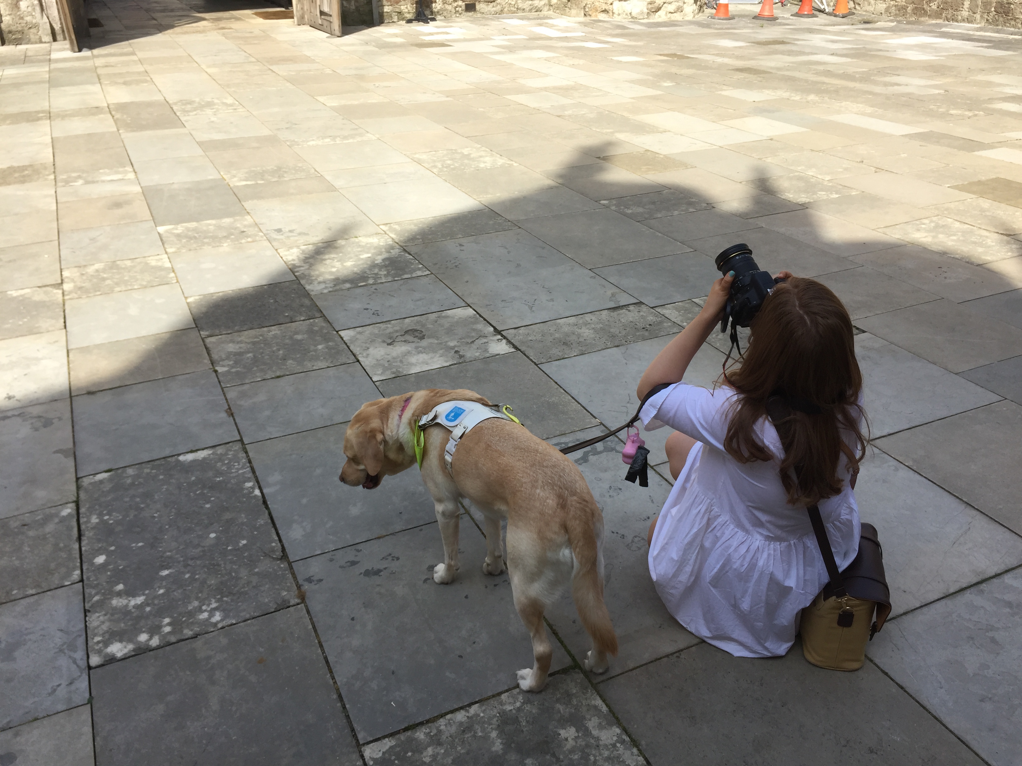 Emily kneeling on the paved floor in the shade, pointing upwards with her camera, her guide dog Unity standing beside her.