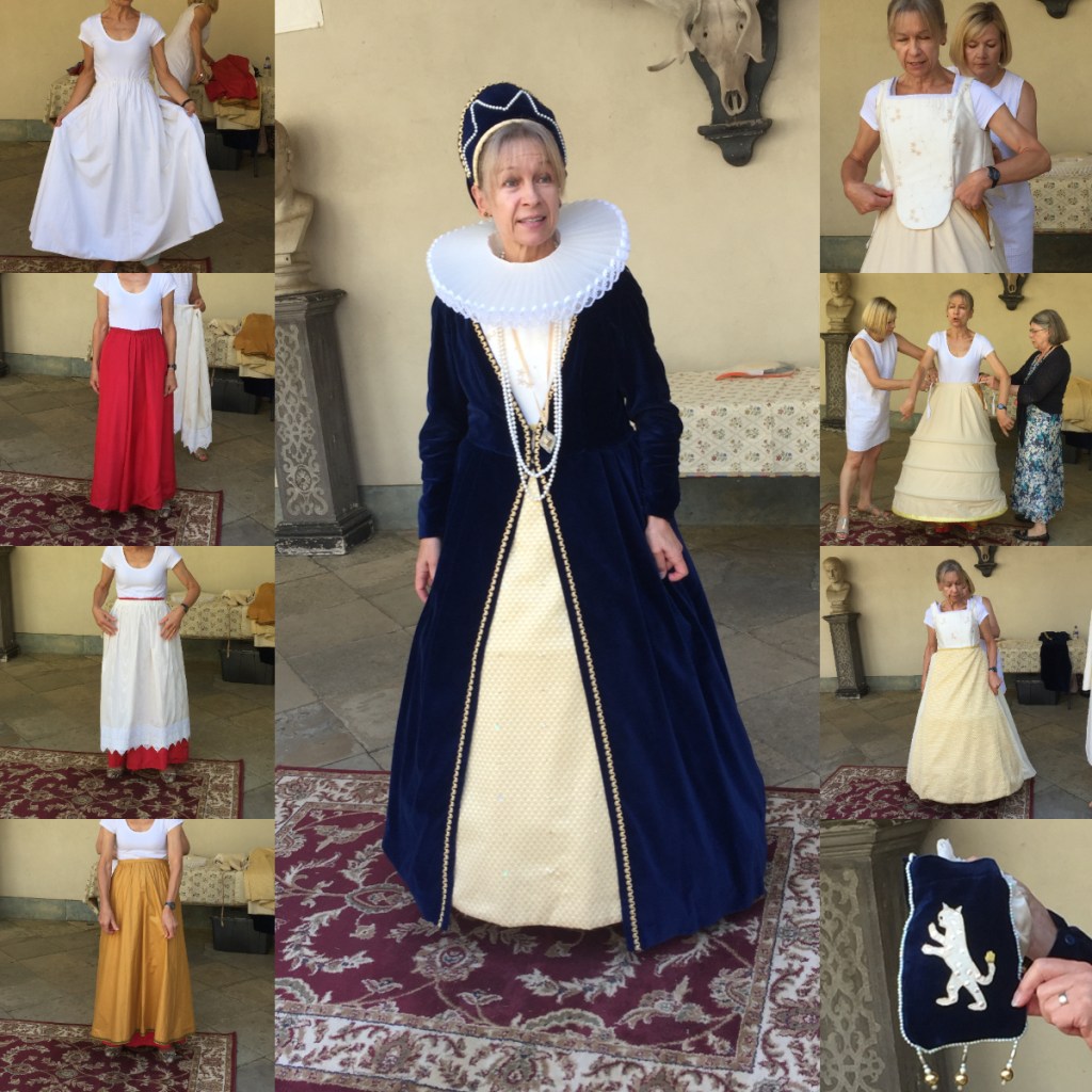 Lady dressed in a tudor outfit, with a long dark blue velvet robe that spreads outwards at the bottom to reveal a cream coloured skirt. There is a large ruff around her neck. 2 columns of 4 smaller images on each side show the various layers that make up the outfit.