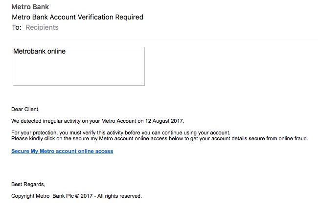 Scam email pretending to be from Metro Bank