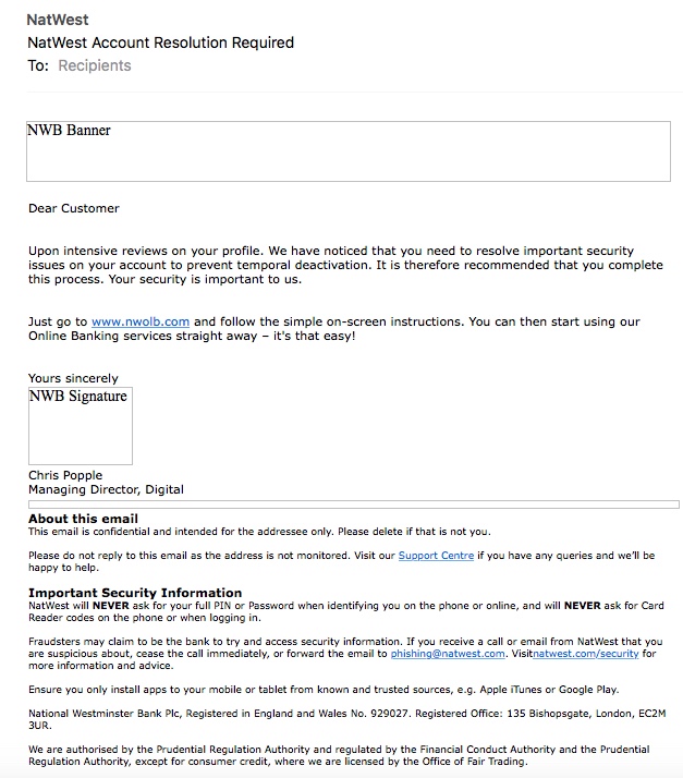 Scam email pretending to be from Natwest