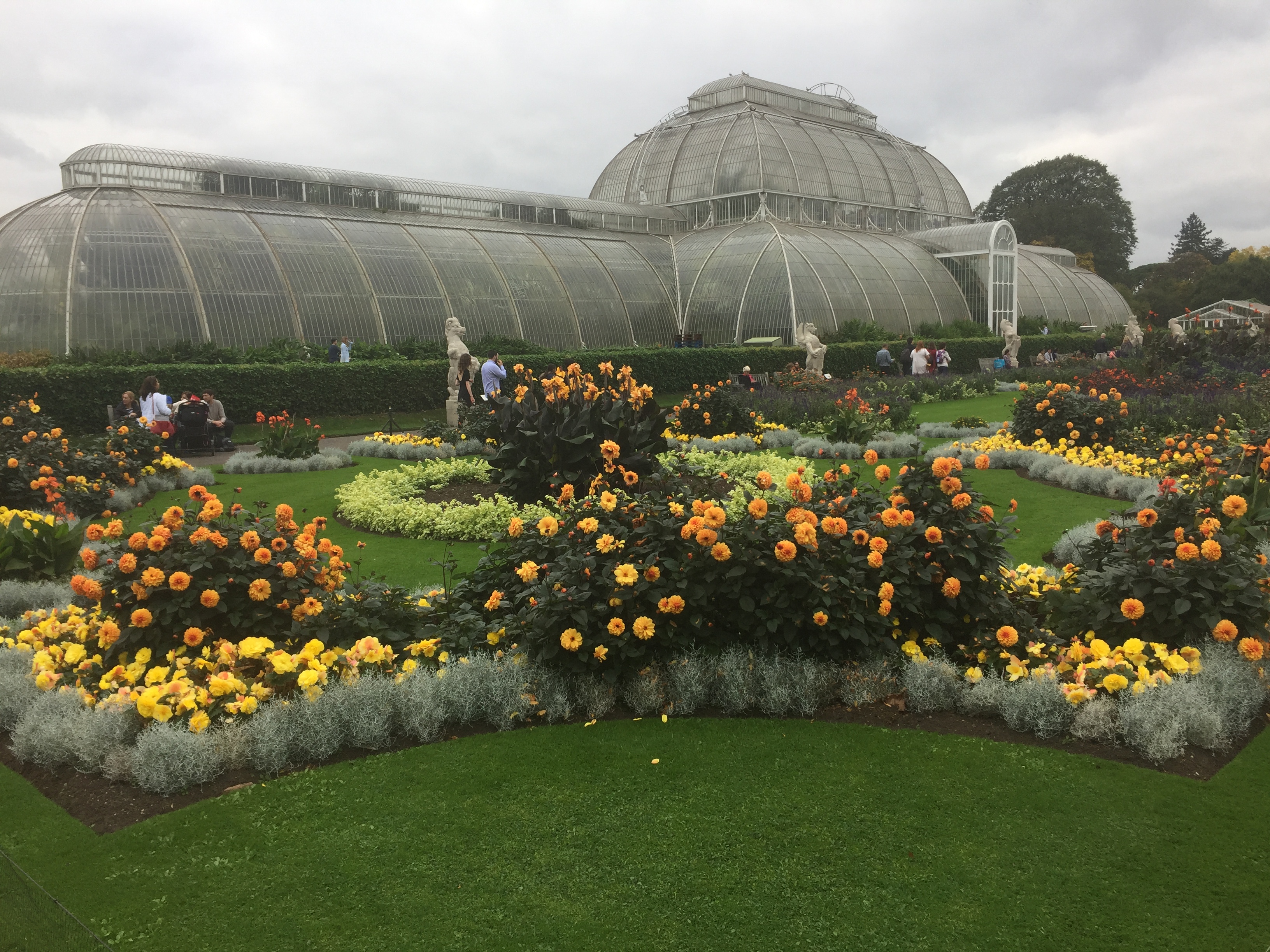 A selection of round and curved flowerbeds, containing a variety of yellow and orange flowers, in front of a huge, long, arched greenhouse.