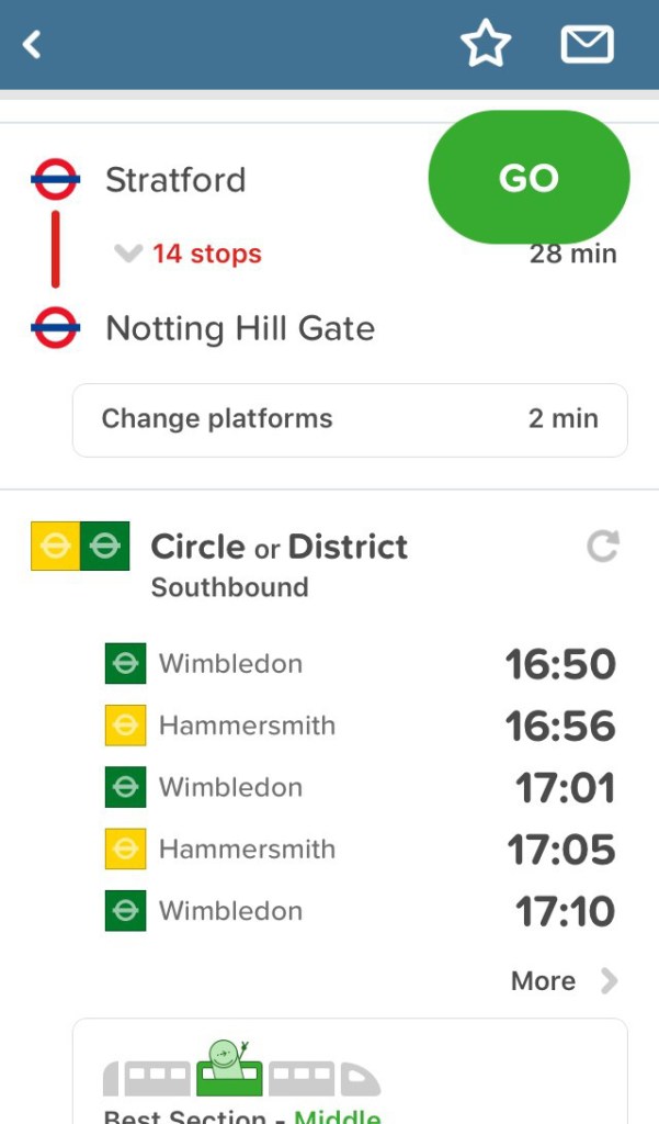 Citymapper app screenshot, telling you there are 14 stops taking 28 minutes between Stratford and Notting Hill Gate, then you need to change platforms to get the southbound Circle or District line, with times of the next trains and the best carriage to use to be nearest to the station exit.
