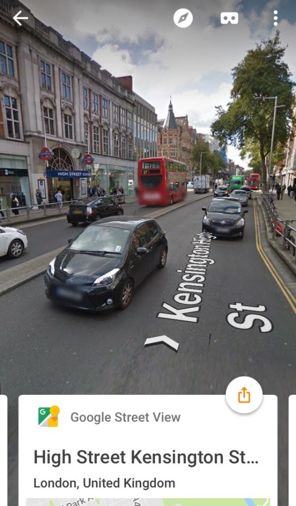 Image of Kensington High Street on Google Street View, with High Street Kensington underground station on the left of the street