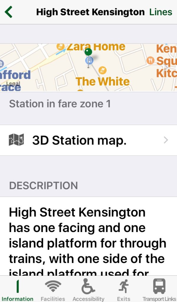 Station Master app screenshot, showing a map location and description of High Street Kensington station. There are links to a 3D station map, and to information about facilities, accessibility, exits and transport links.