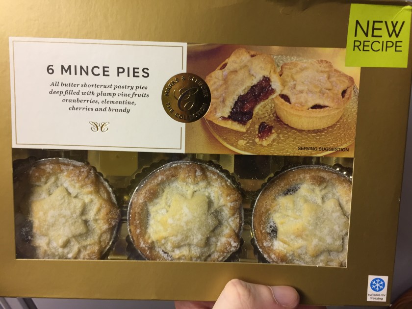 Mince pies from Marks & Spencer - All butter shortcrust pastry pies deep filled with plump vine fruits, cranberries, clementine, cherries and brandy.