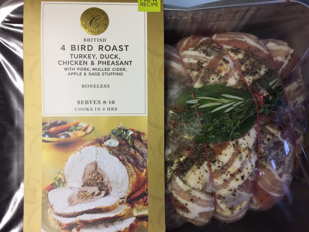 4 Bird Roast from Marks & Spencer - turkey, duck, chicken and pheasant with pork, mulled cider, apple and sage stuffing.