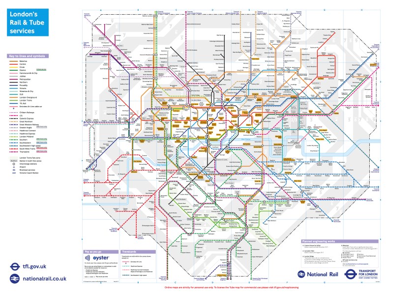 Map of London's tube and rail network with many stations highlighted in yellow.