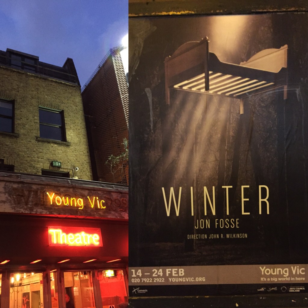 The entrance to the Young Vic theatre, and a poster for the Winter play, with shafts of light shining through the wooden slats in the bottom of a bed suspended in the air.