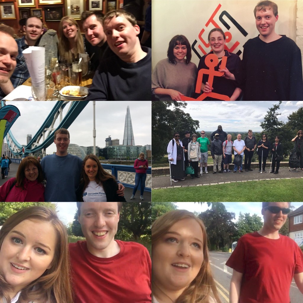 Image is a collage of 6 photos. Top row shows me with members of Thinking Bob at a pub quiz, and then holding a trophy from an Escape Room. the middle row shows me with members of East London Vision, first posing with 2 people on Tower Bridge, and then in a group photo in Richmond Park. The bottom row shows me with Emily from Fashioneyesta.com, first sitting together and then walking down a street.