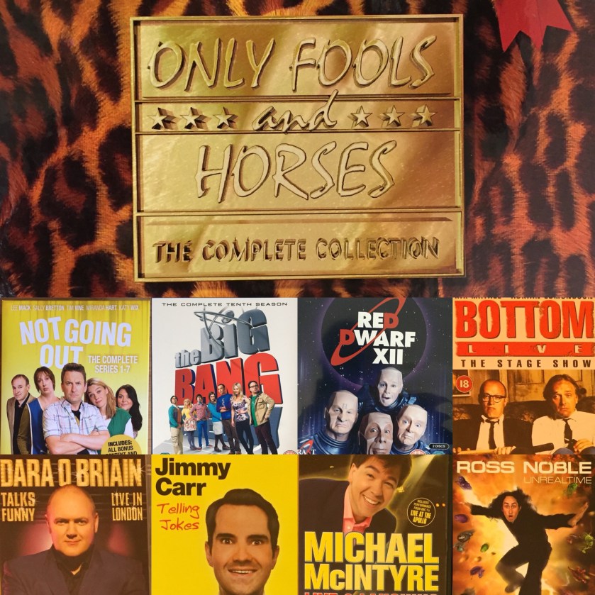 DVD cases for Only Fools and Horses, Not Going Out, The Big Bang Theory, Red Dwarf, Bottom Live, Dara O Briain, Jimmy Carr, Michael McIntyre & Ross Noble.