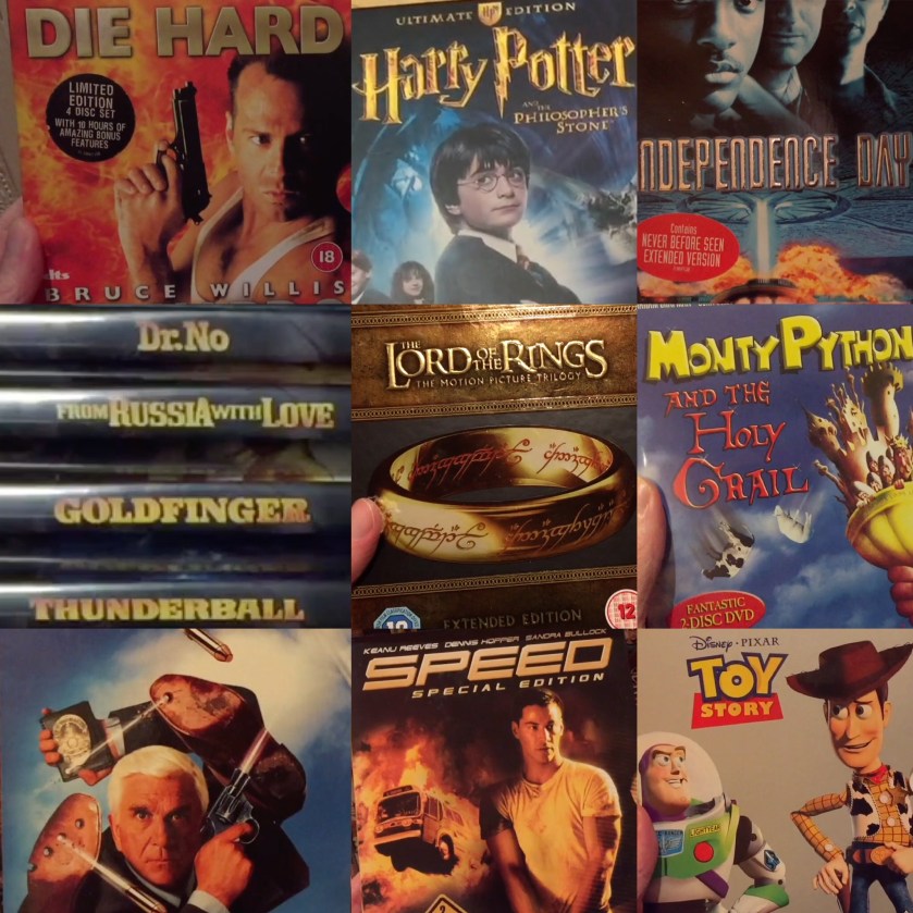 DVD cases for the films Die Hard, Harry Potter & The Philosopher's Stone, Independence Day, the first 4 James Bond films, the Lord of the Rings boxset, Monty Python & The Holy Grail, the Naked Gun boxset, Speed, and Toy Story