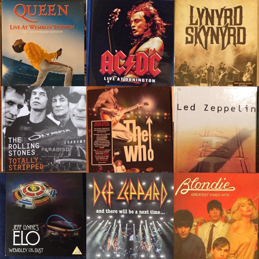 DVDs & CDs by Queen, AC DC, Lynyrd Skynyrd, The Rolling Stones, The Who, Led Zeppelin, Electric Light Orchestra, Def Leppard & Blondie.