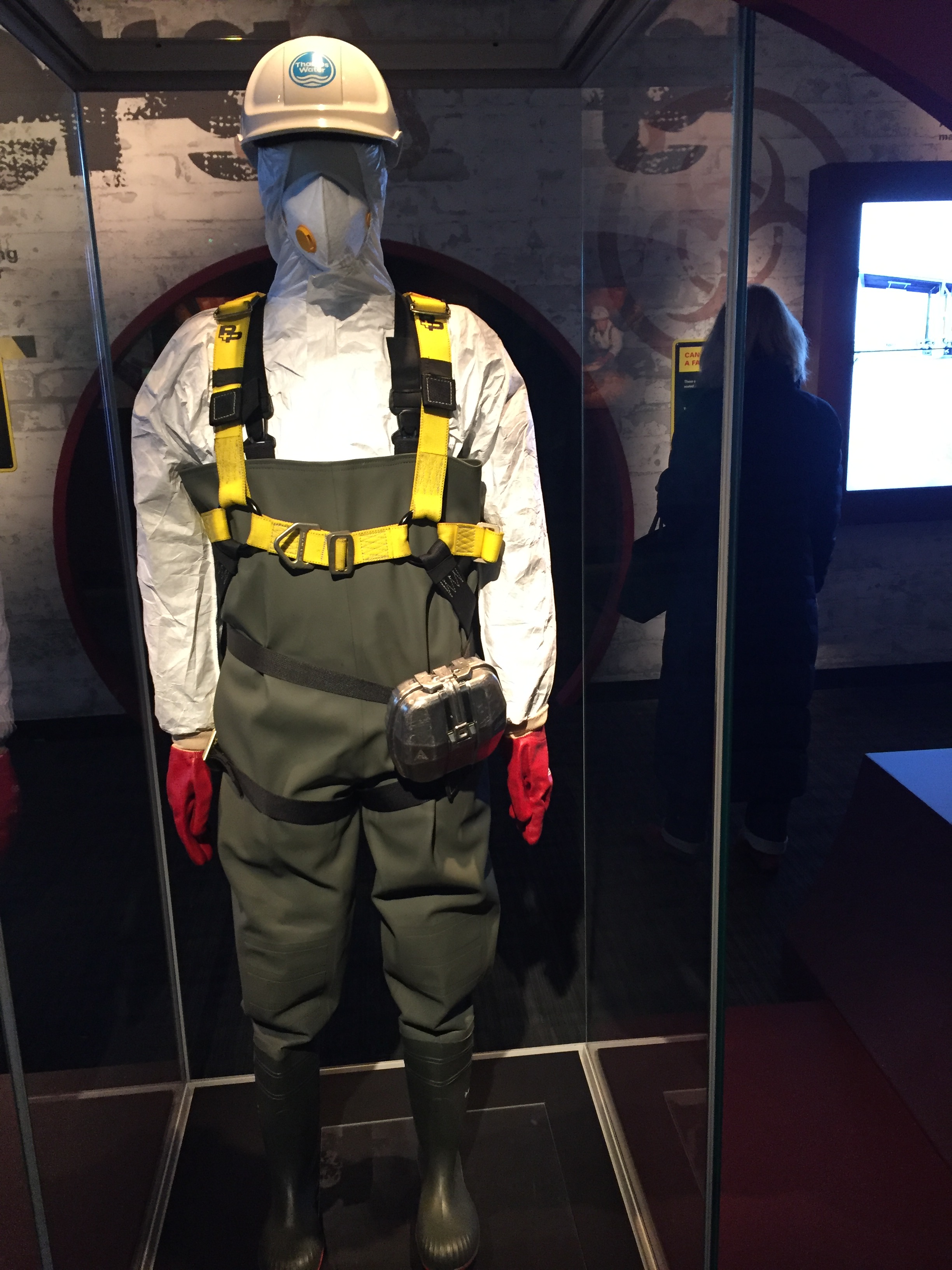 Mannequin wearing protective helmet, face mask, boiler suit and gloves, to protect the workers from harmful toxins when dealing with the Fatberg.