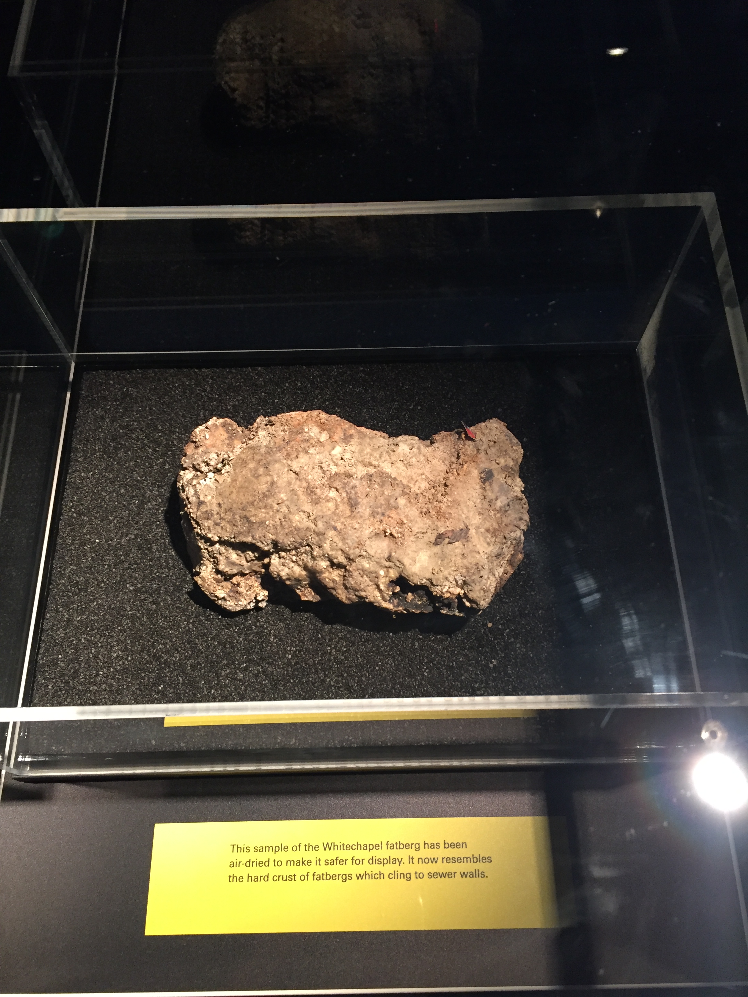 An air-dried piece of the fatberg in a glass case. It looks like a piece of rock, but when you look closely there is a small piece of the blue and orange wrapper from a Double Decker chocolate bar sticking out of it.