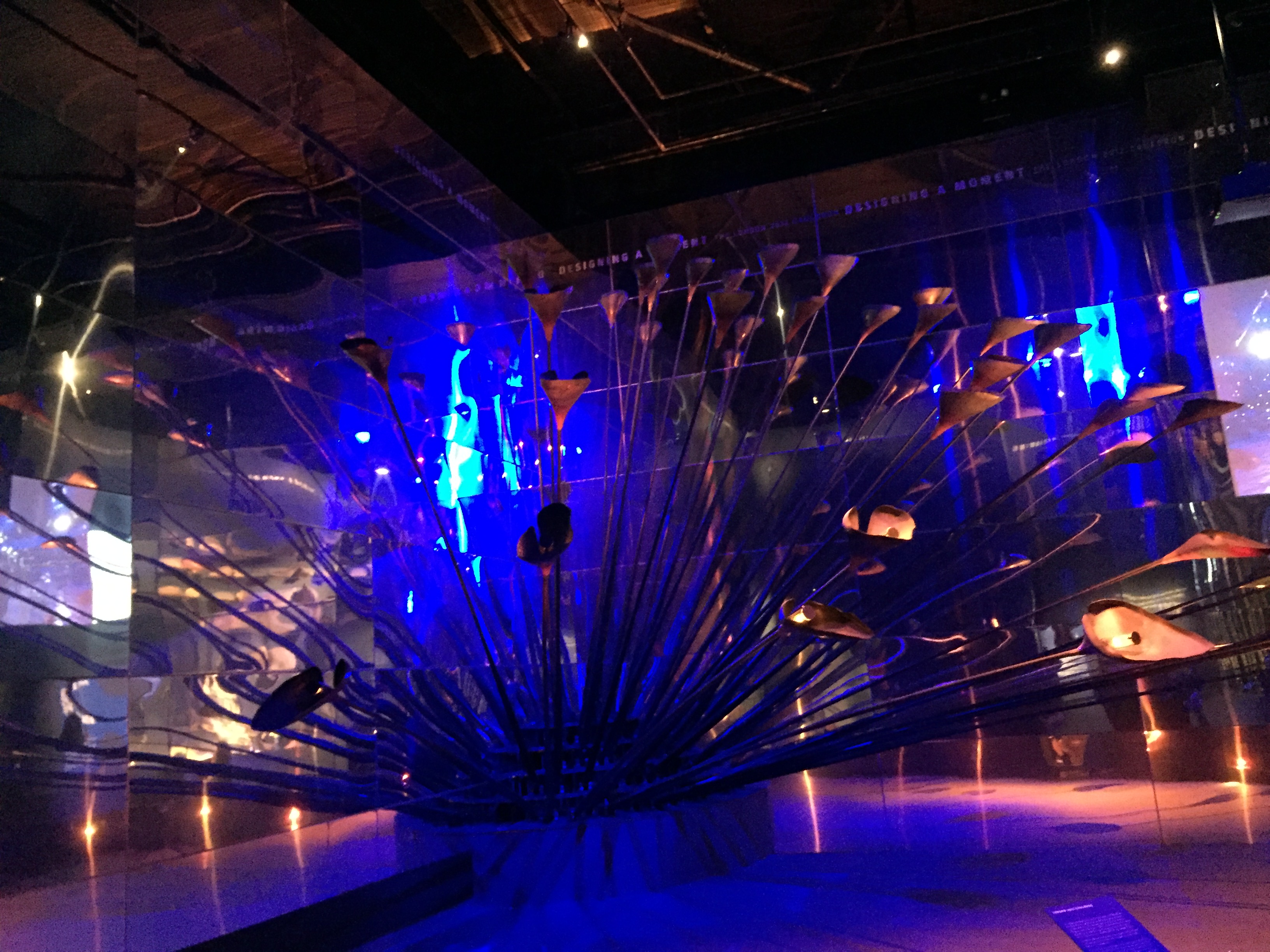 London 2012 Olympic cauldron in its expanded state, so that all the poles with the copper pieces on the ends are sticking out, away from the centre.