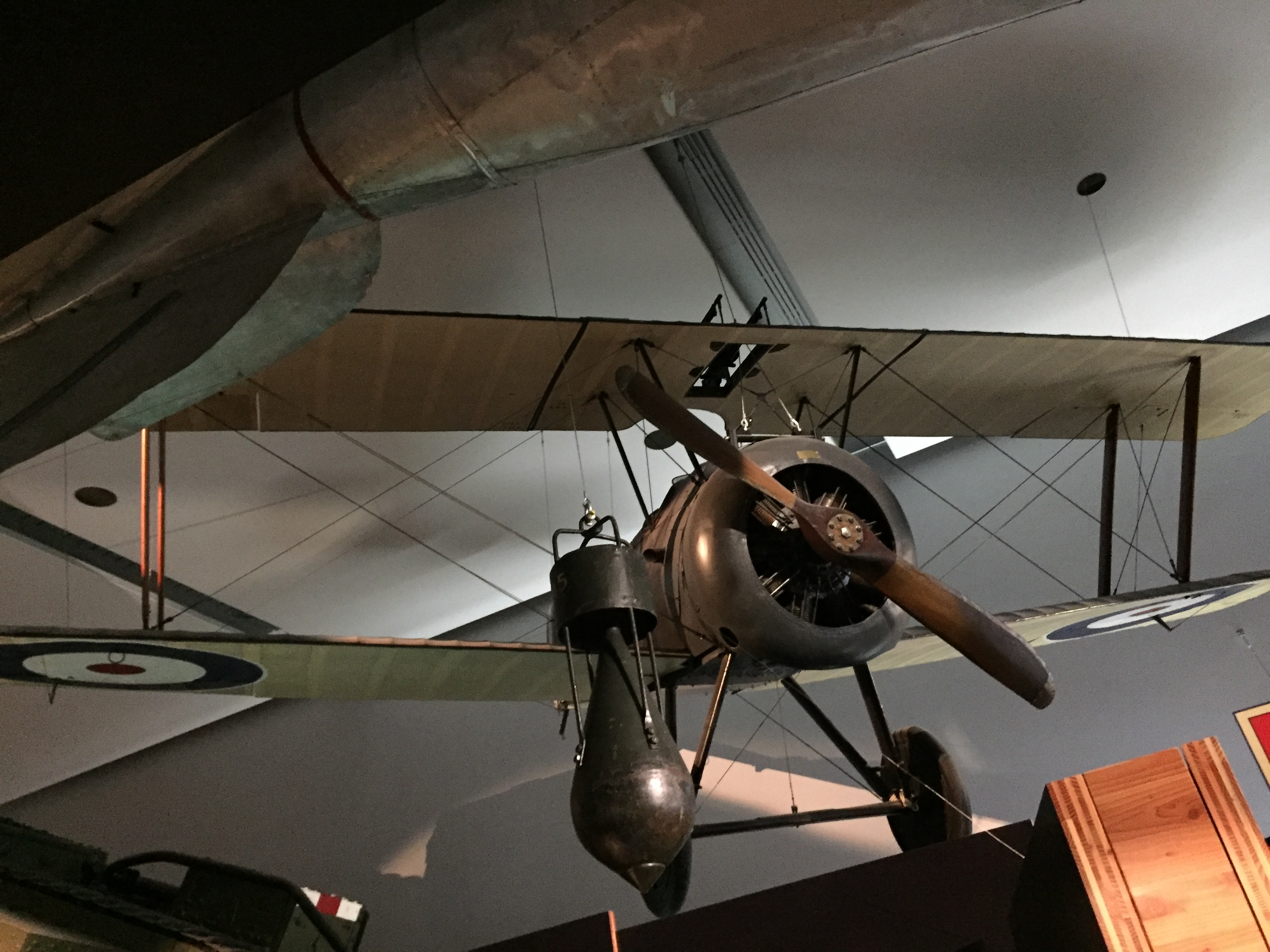 Sopwith Camel plane suspended from the ceiling overhead.