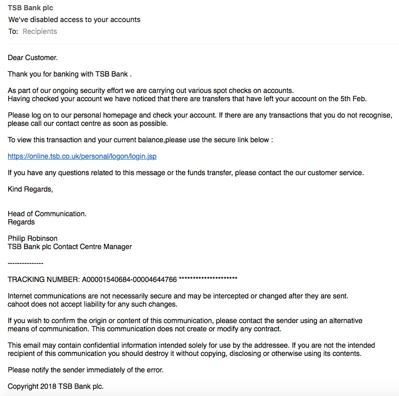 Screenshot of scam TSB Email