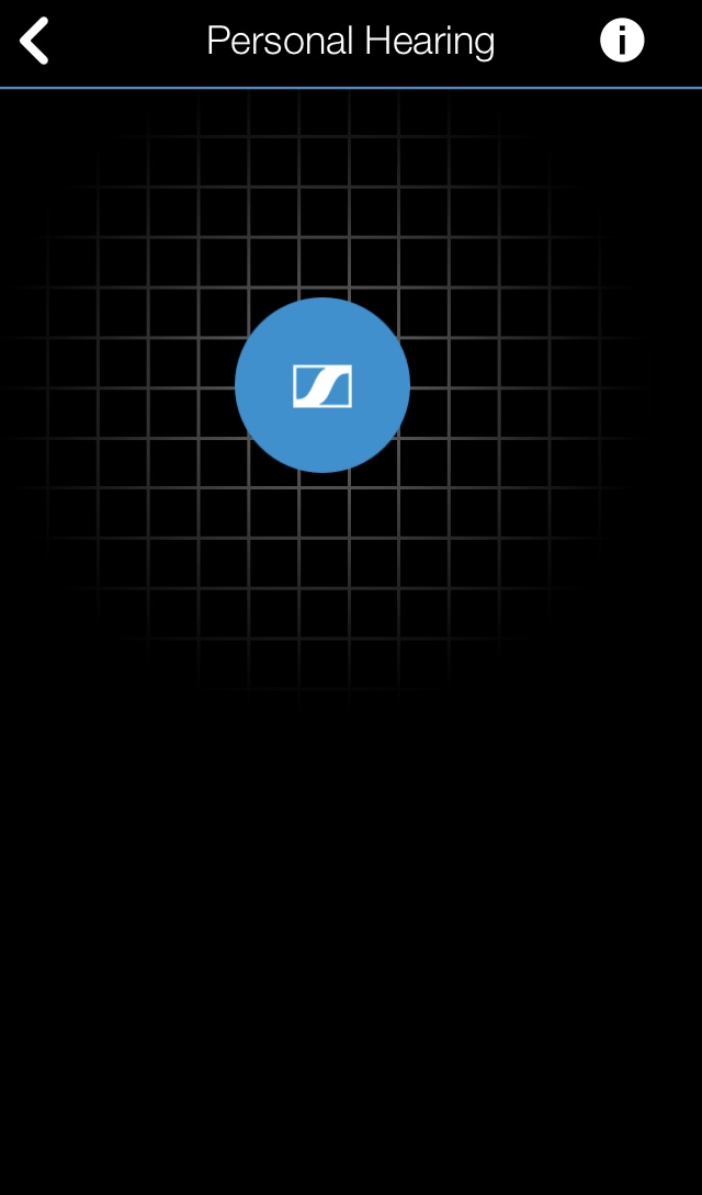 Personal hearing screen in the Mobile Connect app, which simply has a grey grid on a black background, on top of which is a large blue circle. You can move this circle anywhere on the screen to get the sound you want. Move it left for more bass, right for more treble, up for more volume and down for less volume.