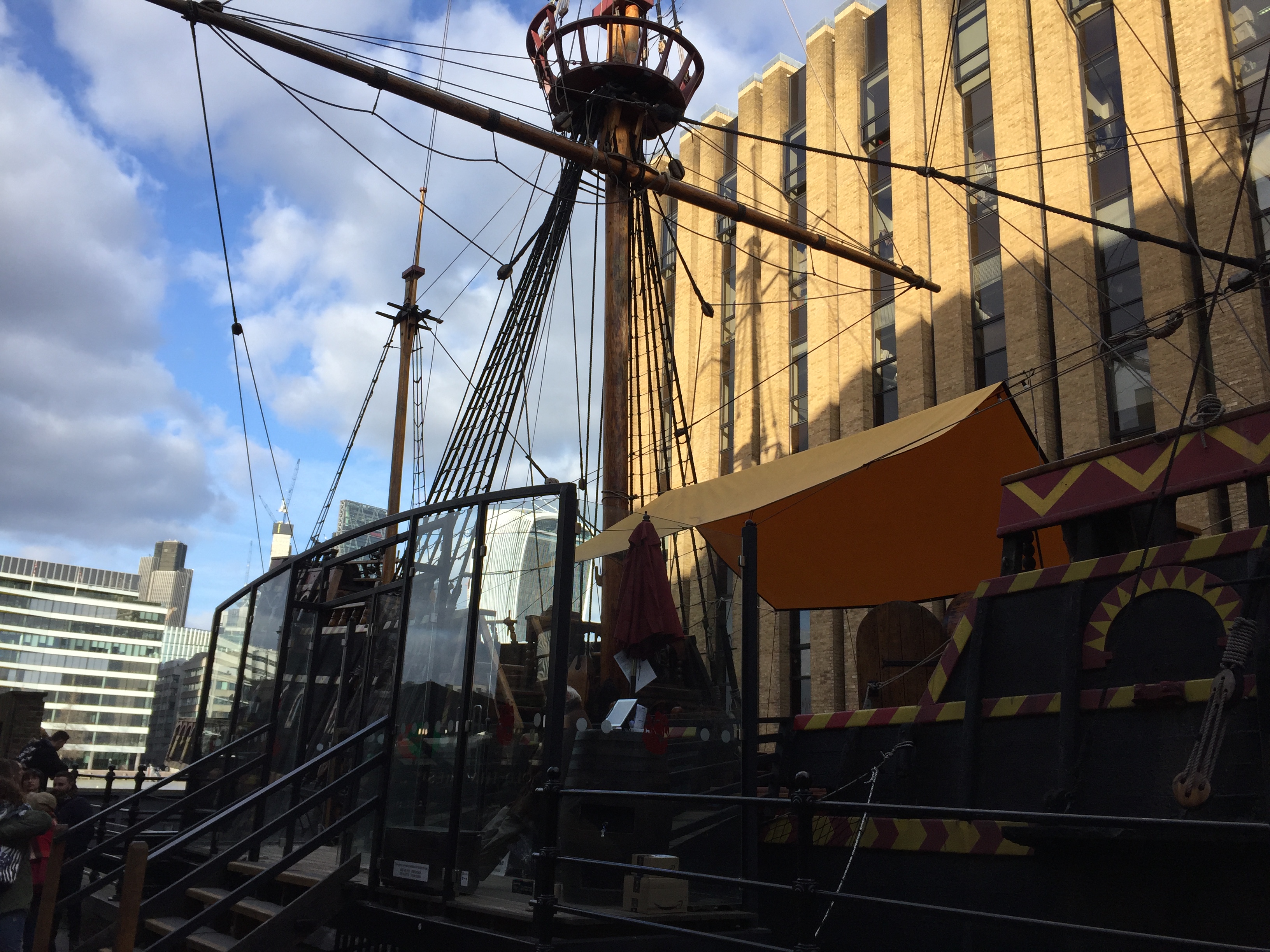 The tall mast of the Golden Hinde, the ship Sir Francis Drake sailed on.