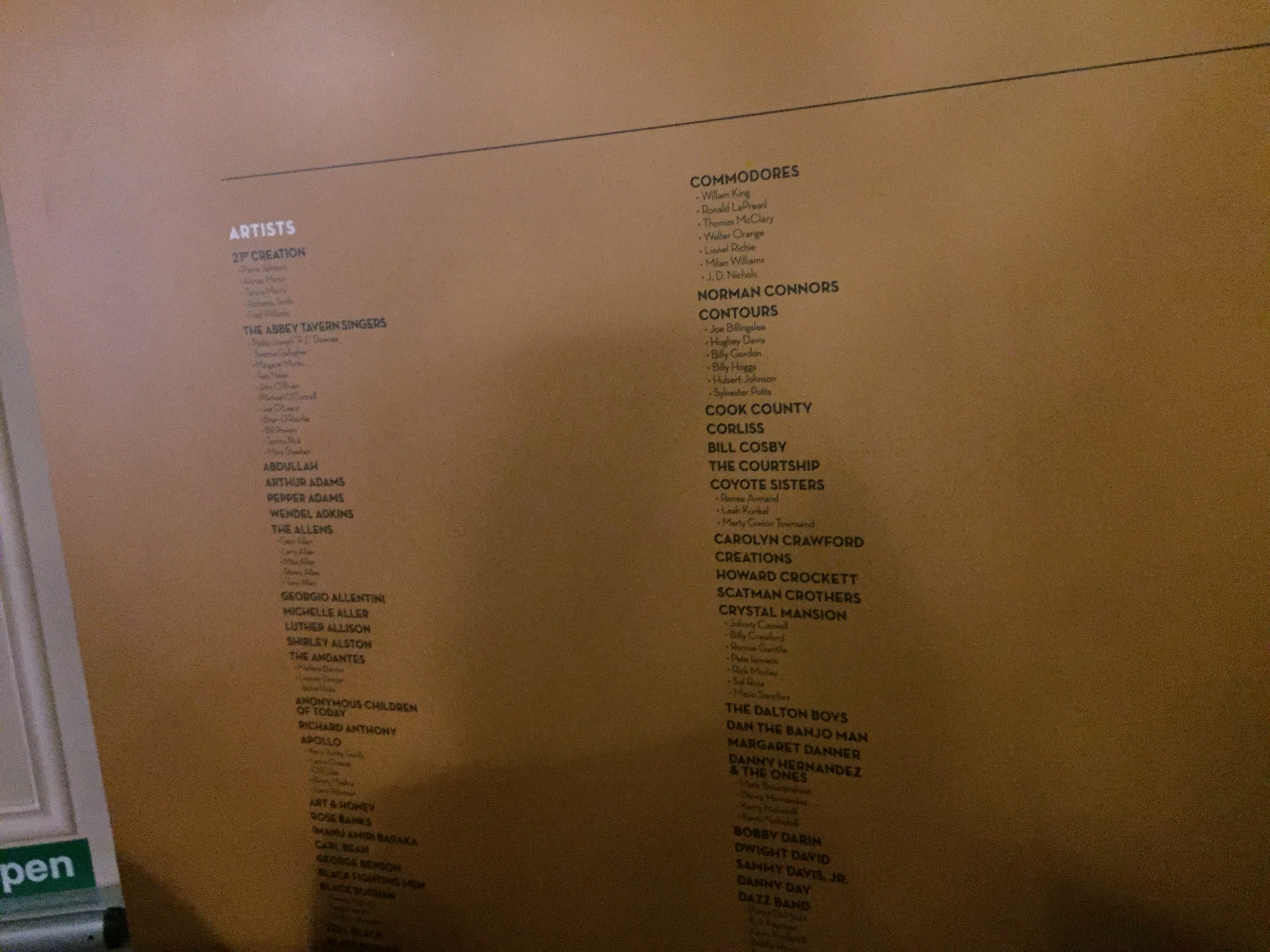 Some of the names on the Motown Legacy Wall Of Fame, including 21st Creation, The Abbey Tavern Singers, The Commodores, The Contours, Dan The Banjoman, and Margaret Danner, among many others.