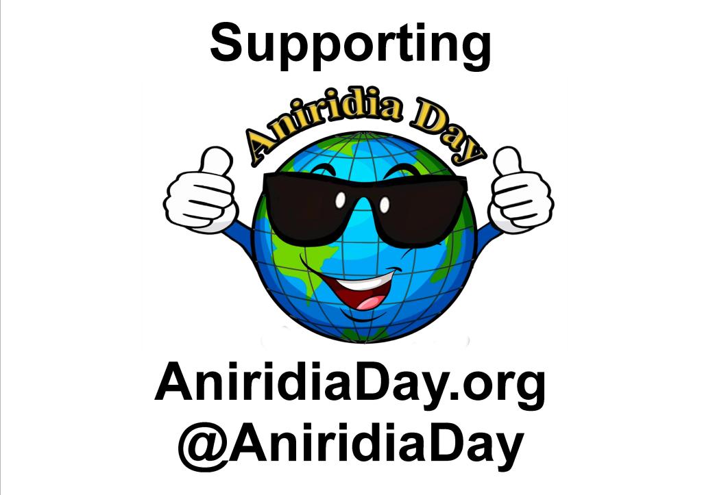 Poster with a cartoon-like image of the world, which is smiling, wearing sunglasses and giving 2 thumbs up. Above this are the words Supporting Aniridia Day. Below the globe is the website address aniridiaday.org, and the @AniridiaDay Twitter handle.