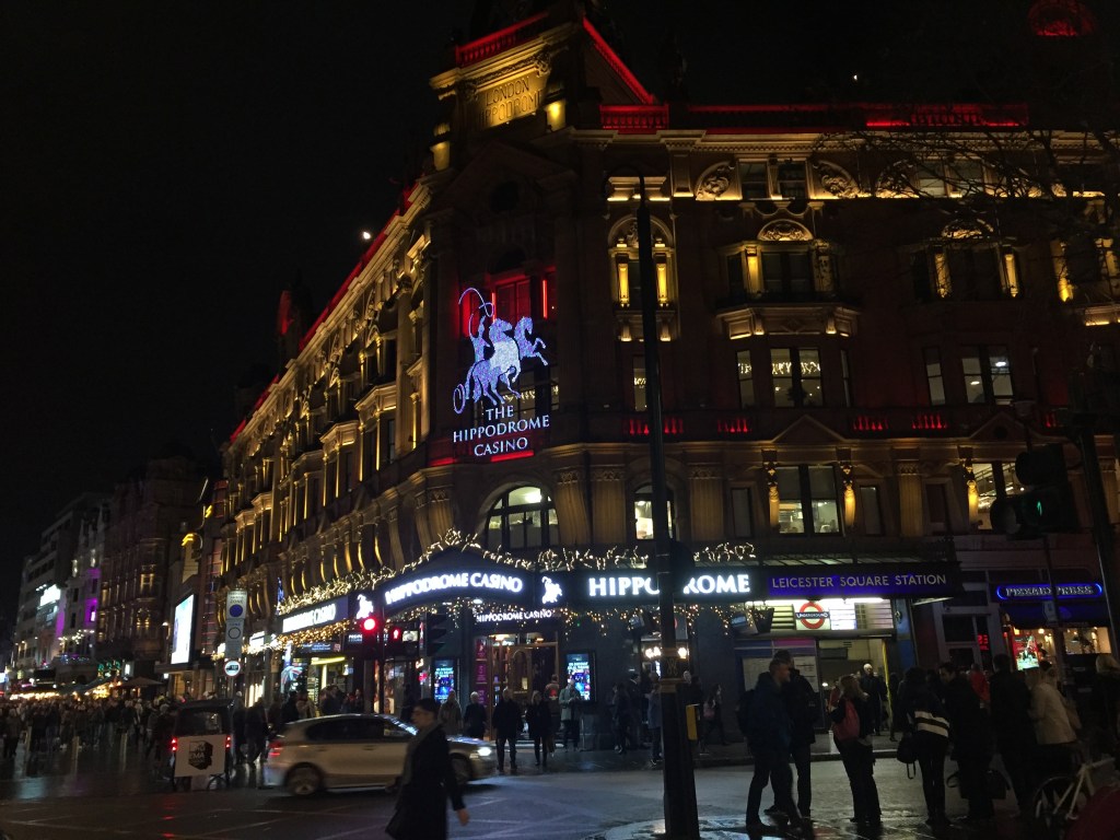 Hippodrome Casino lit up in the evening