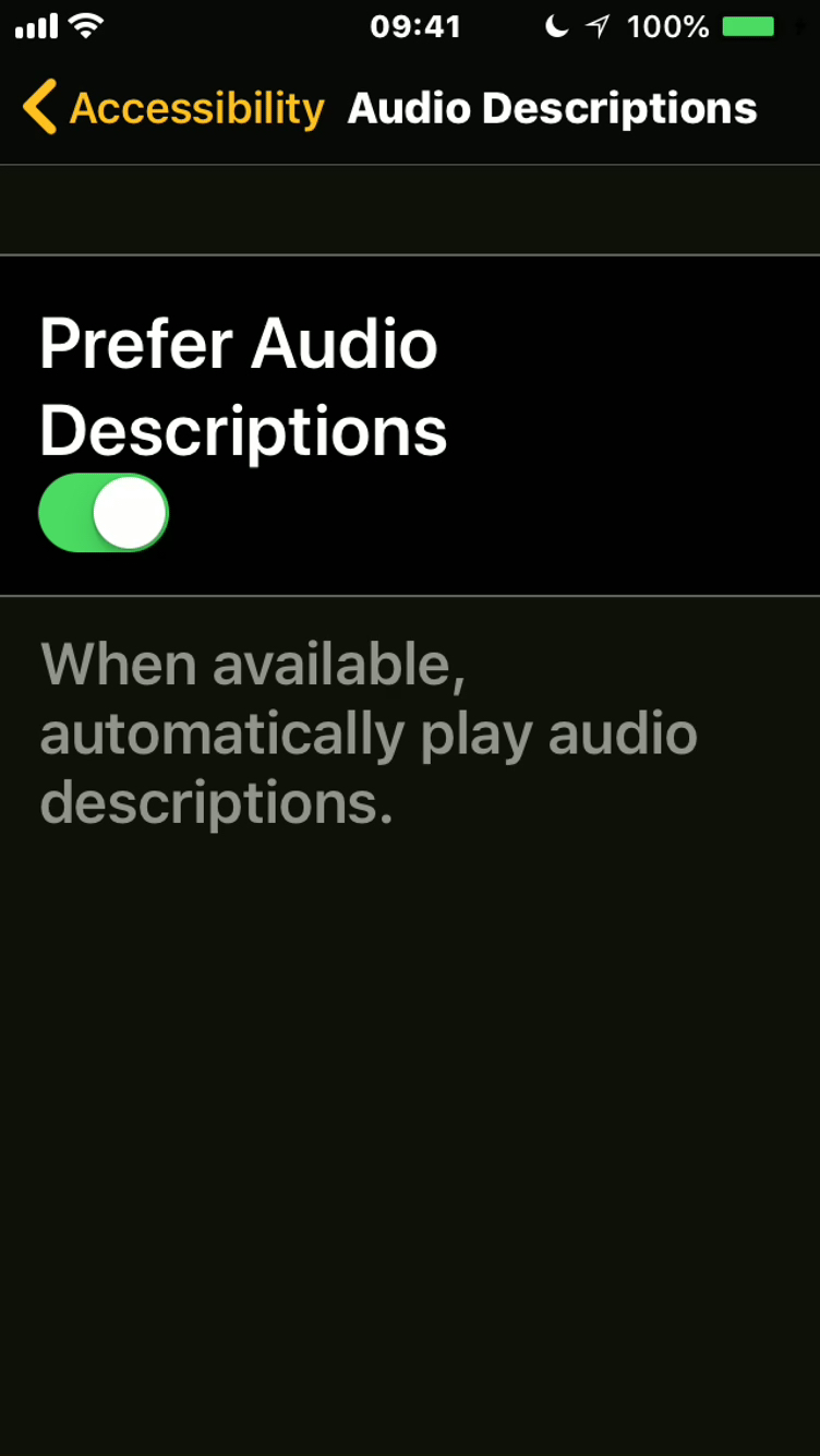 iPhone screenshot showing the option to prefer audio descriptions, which will play them automatically when available.