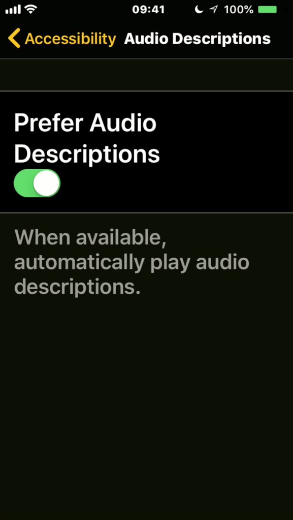iPhone screenshot showing the option to prefer audio descriptions, which will play them automatically when available.