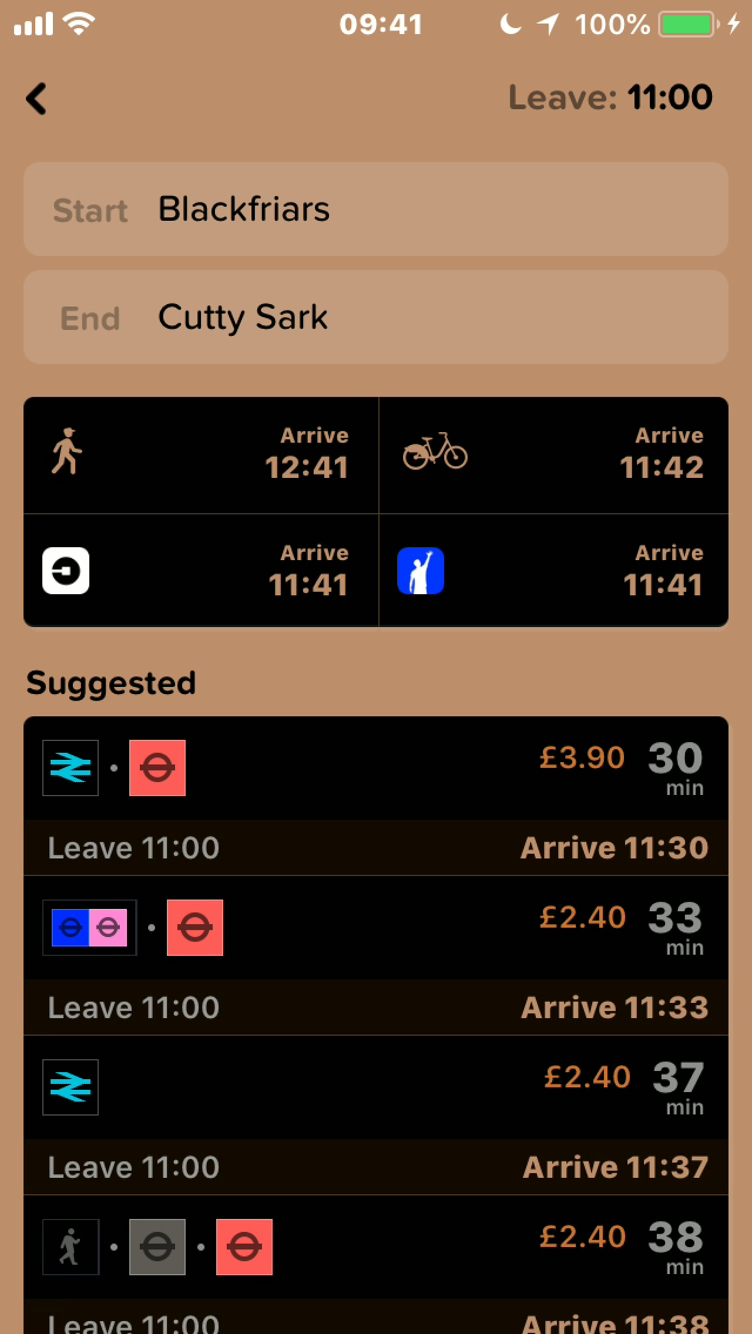 iPhone screenshot of the Citymapper app, showing different combinations of rail and Tube routes from Blackfriars to Cutty Sark.