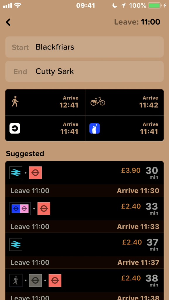 iPhone screenshot of the Citymapper app, showing different combinations of rail and Tube routes from Blackfriars to Cutty Sark.