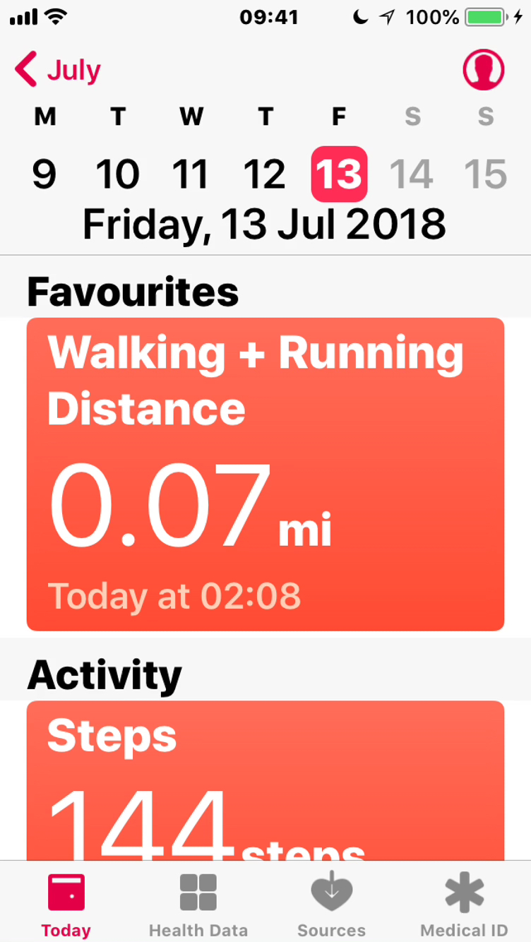 iPhone screenshot of the Health app, showing how far I've walked that day. At the bottom are options for Today, Health Data, Sources and Medical ID.